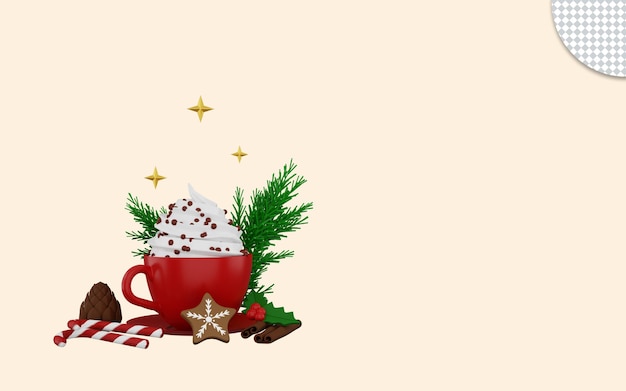 Heißer Kakao der roten Tasse 3d mit Sahnezimtkeksen und Weihnachtsschmuck