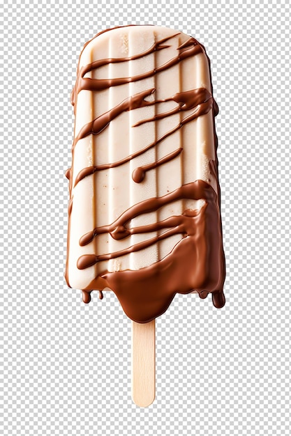 PSD helado blanco glaseado de chocolate en palo de madera ai cutout en transparente