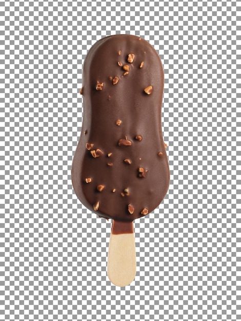 Helado de chocolate con nueces en un palo con fondo transparente