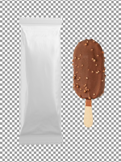 PSD helado de chocolate con nueces en un palo y un paquete en blanco con fondo transparente