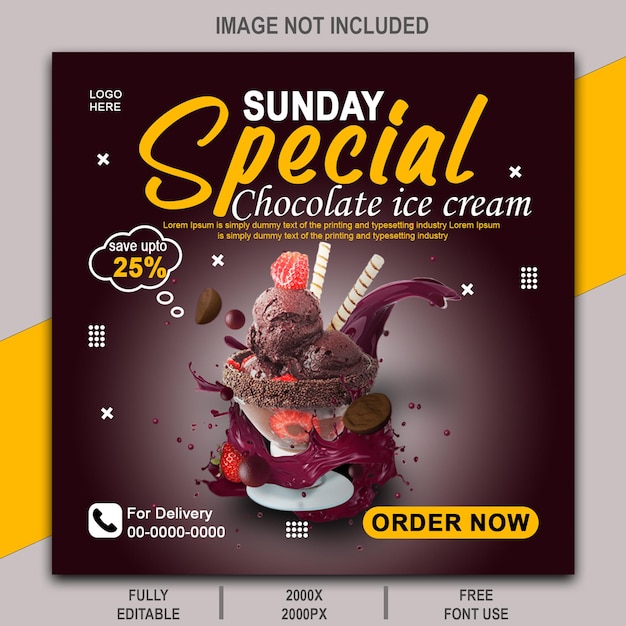 Helado de chocolate Publicación de Instagram Plantilla de redes sociales y Folleto de alimentos PSD Totalmente editable