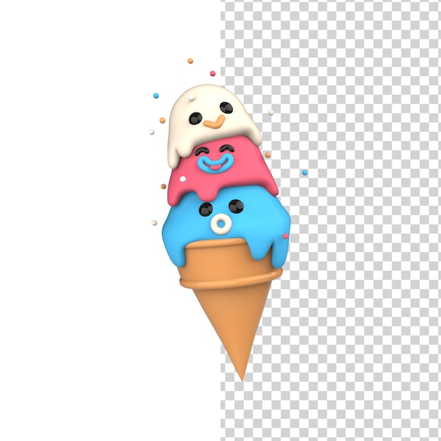 Helado feliz bolas sabrosas en una taza de gofres de cono 3d render lindo modelo de personaje sonriente