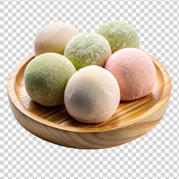 PSD helado mochi en un plato de madera japonés aislado sobre un fondo transparente