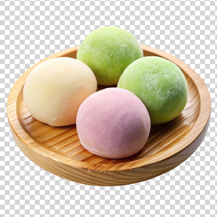 PSD helado mochi en un plato de madera japonés aislado sobre un fondo transparente
