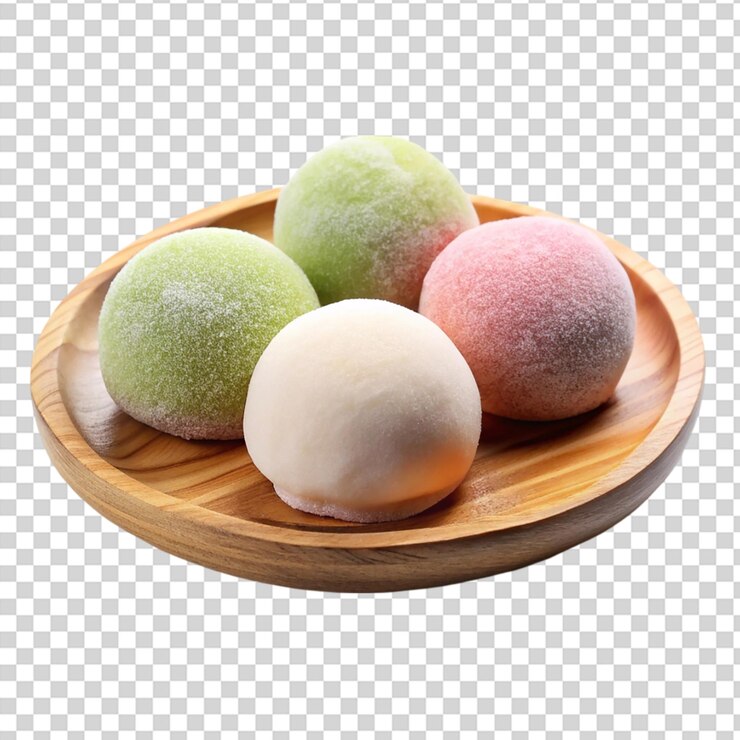 PSD helado mochi en un plato de madera japonés aislado sobre un fondo transparente