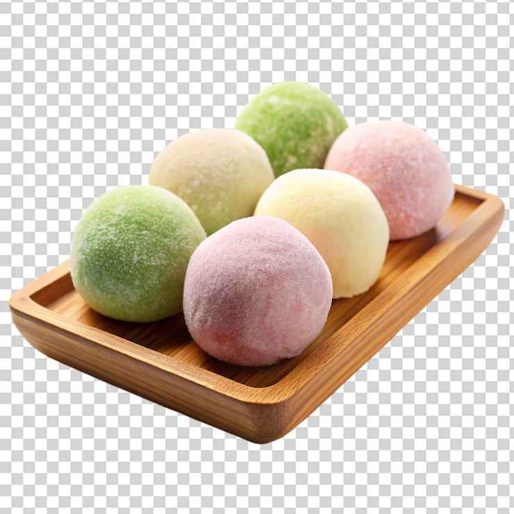 PSD helado mochi en un plato de madera japonés aislado sobre un fondo transparente
