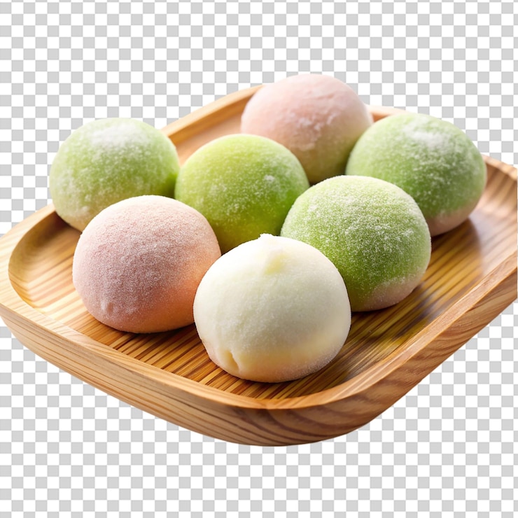 PSD helado mochi en un plato de madera japonés aislado sobre un fondo transparente