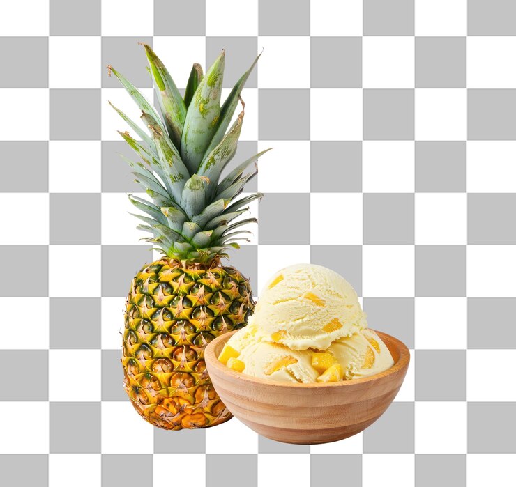 PSD helado de piña en un cuenco de madera junto a una fruta de piña entera aislada png