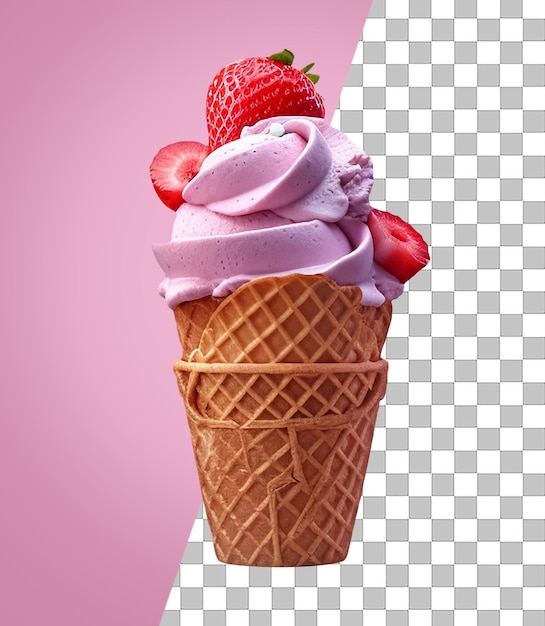 Un helado rosa con fresas.