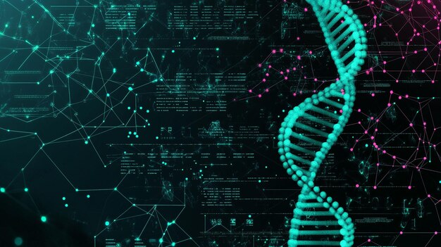 Hélice de ADN abstracta con fondo de datos digitales