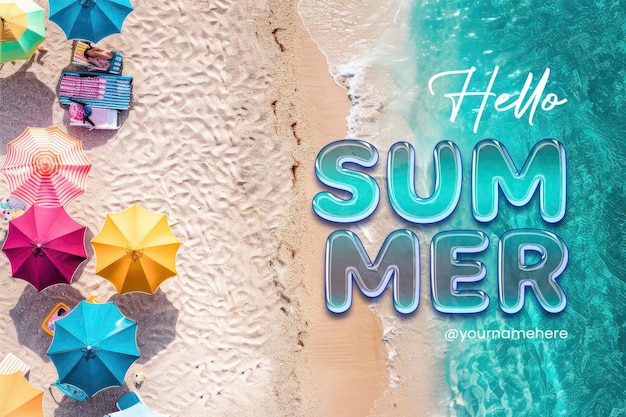 PSD hello estampa de pancarta de verano con foto de escena de playa aérea relajante estampa de vacaciones de verano