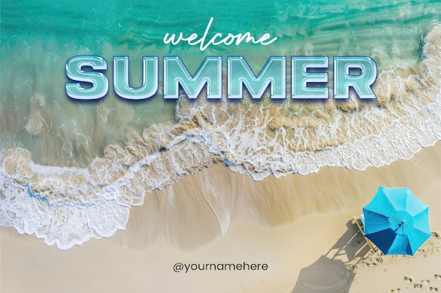 PSD hello estampa de pancarta de verano con foto relajante escena aérea de playa estampa de vacaciones de verano