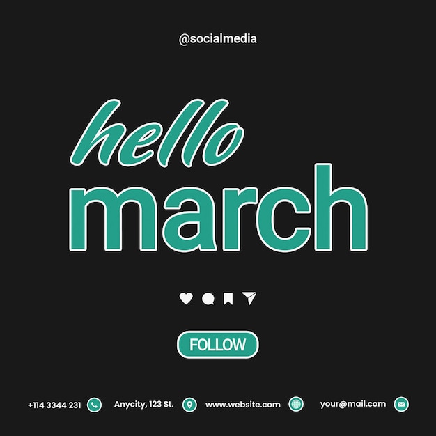 Hello march typography instagram post template psd design social media square