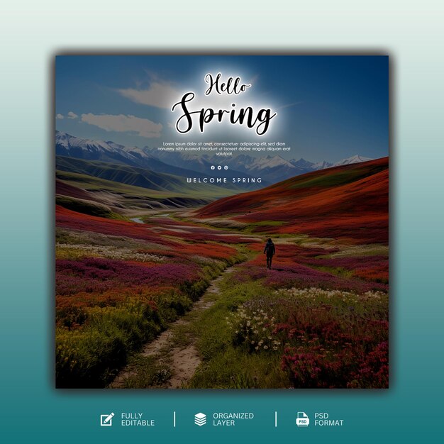 PSD hello spring est un modèle de conception graphique et de médias sociaux