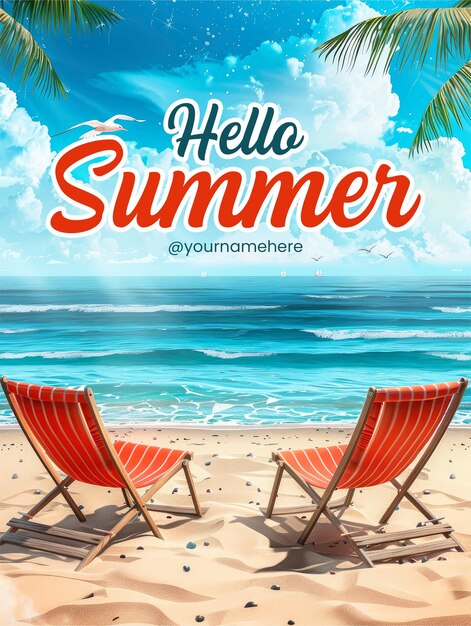 PSD hello summer poster template with a beach scene