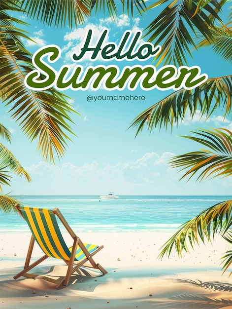 PSD hello summer poster template with a beach scene