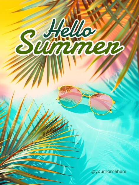 PSD hello summer poster template with a beach scene