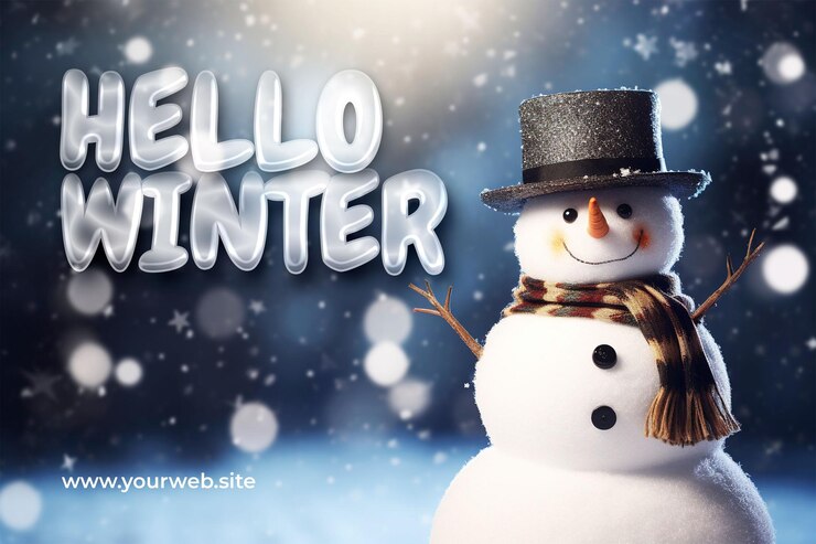 PSD hello winter banner template design con sfondo di pupazzo di neve