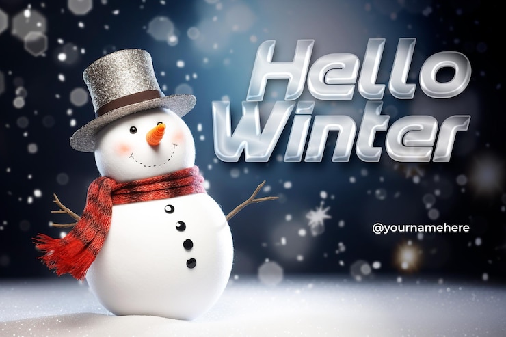 PSD hello winter banner template design con sfondo di pupazzo di neve