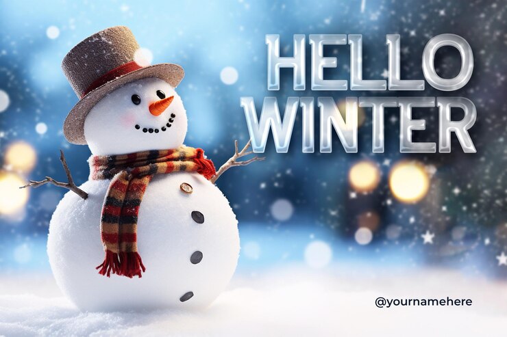 PSD hello winter banner template design con sfondo di pupazzo di neve