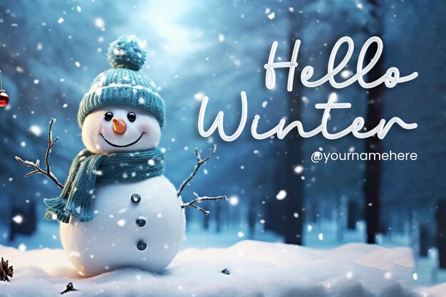 PSD hello winter banner template e fundo de inverno com fundo de boneco de neve