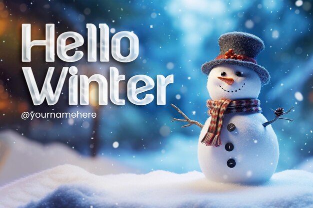 PSD hello winter banner template e fundo de inverno com fundo de boneco de neve