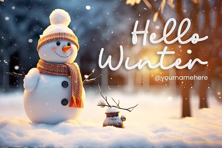 PSD hello winter banner template e sfondo invernale con sfondo di pupazzo di neve