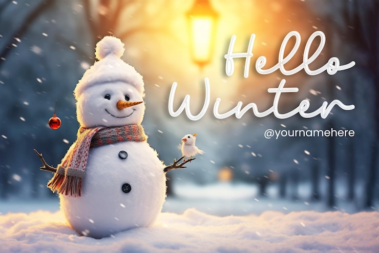 PSD hello winter banner template e sfondo invernale con sfondo di pupazzo di neve