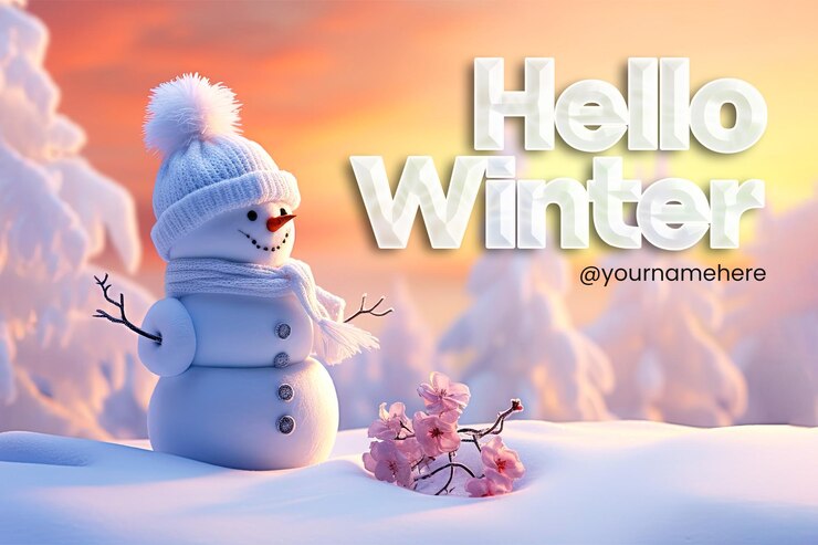 PSD hello winter banner template e sfondo invernale con sfondo di pupazzo di neve