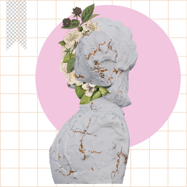 Helm gekleidete Mann Statuen 3D-Rendering Collage mit Blütenblättern Kompositionen für Ihre Arbeit