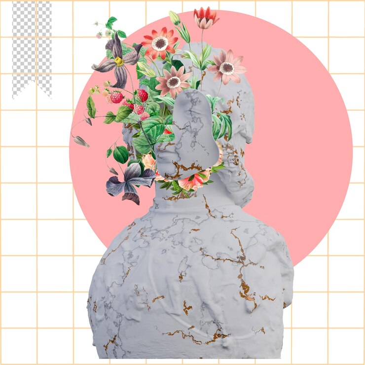PSD helmet clad man statues 3d render collage with flower petals compositions for your work