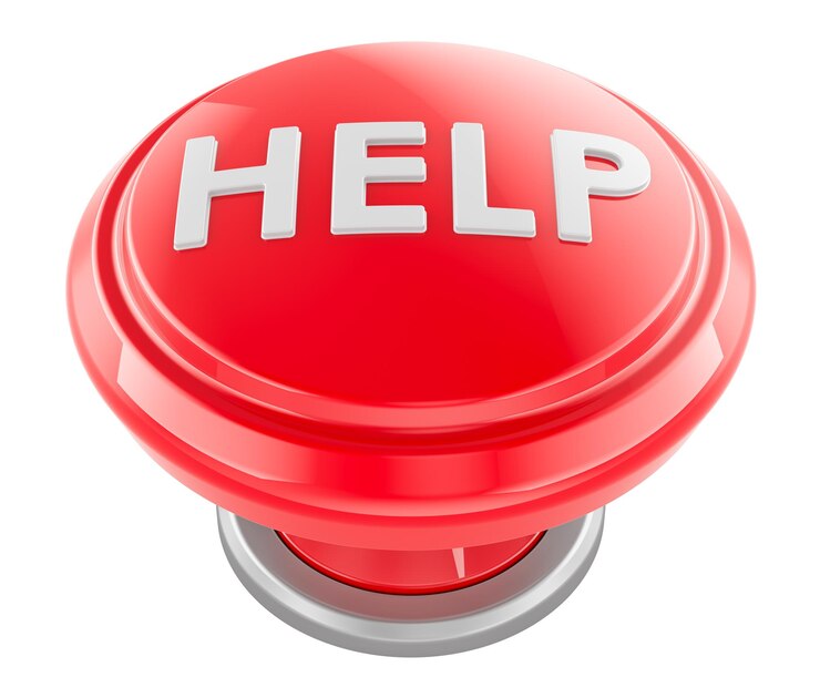 PSD help botón rojo redondo de emergencia o concepto de asistencia renderización 3d aislado