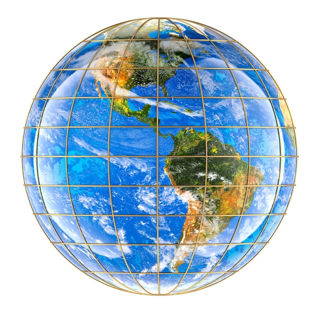 Hemisferio occidental del globo terrestre con meridianos y paralelos en 3D aislados sobre un fondo transparente