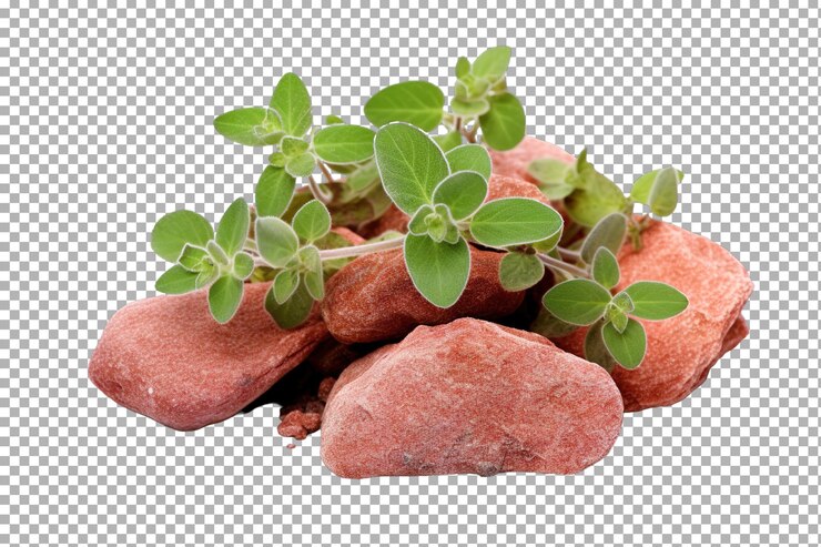 PSD herba verde exuberante que crece entre rocas rojas vibrantes bajo la brillante luz del sol en un jardín tranquilo en un fondo blanco o png transparente