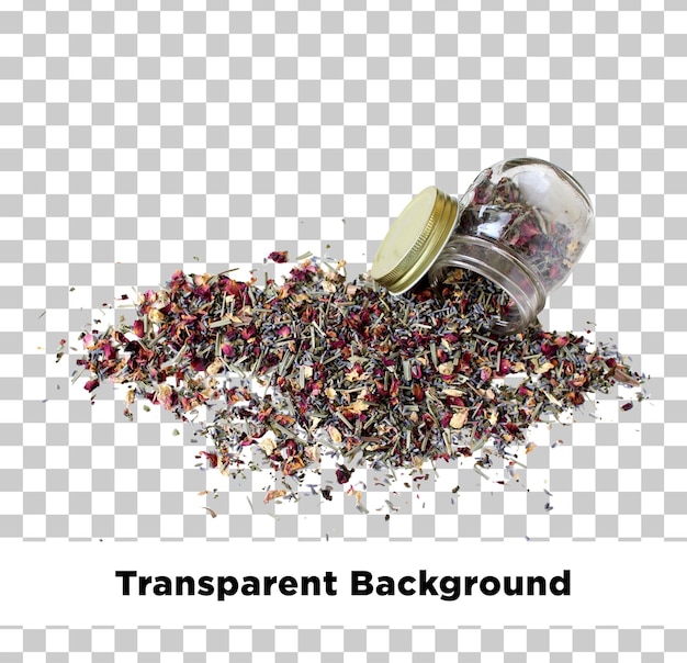 Herbal Tea Blend Spilled from Glass Jar on Transparent Surface