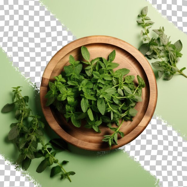 PSD herbes dans une assiette en bois fond transparent