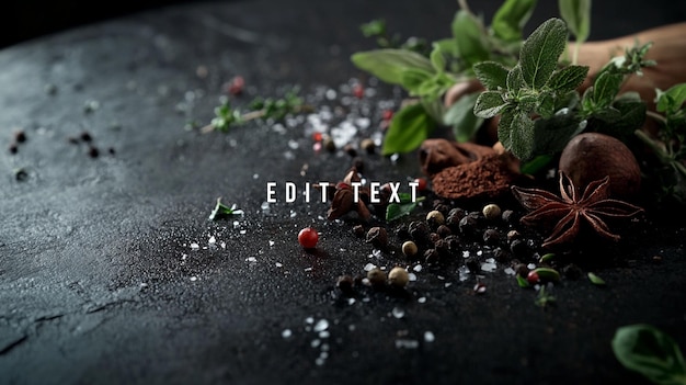 Herbes et épices aromatiques éparpillées sur une surface sombre