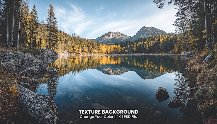 PSD herbst sonnenuntergang am hintersee see schöne szene von bäumen in der nähe von türkisfarbener textur hintergrund