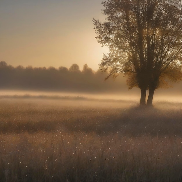 PSD herbstfeld am morgen mit morgendlicher sonne und funkelndem tau