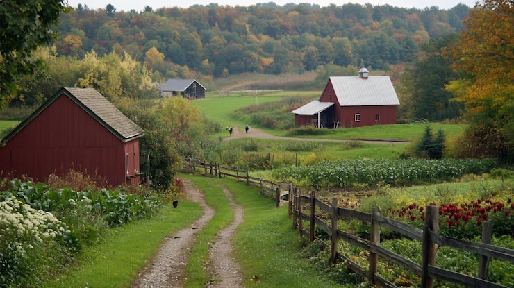 PSD herbstliche ländliche szene mit roten scheunen und ackerland ein schotterweg schlängelt sich durch eine malerische landschaft mit herbstblattkulturen und rustikalen bauernhäusern