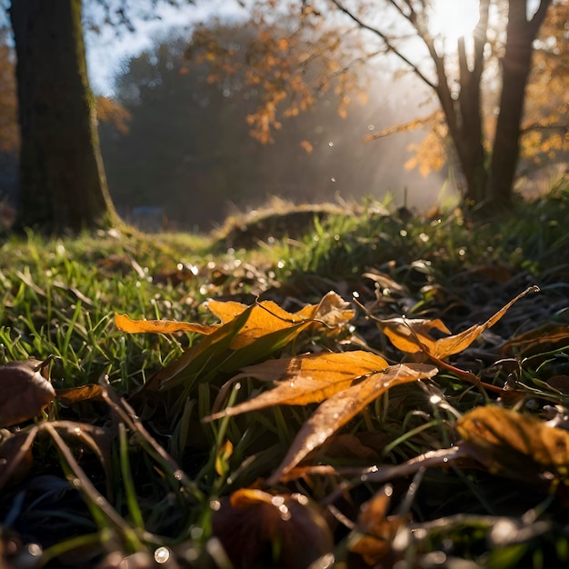 PSD herbstmorgen mit morgensonne und funkelndem tau