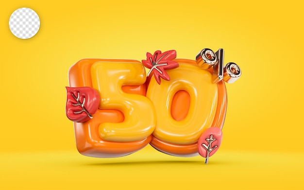 Herbstverkaufsbanner 50 Prozent Rabattnummer mit Ahornblatt auf gelbem Hintergrund 3D-Render