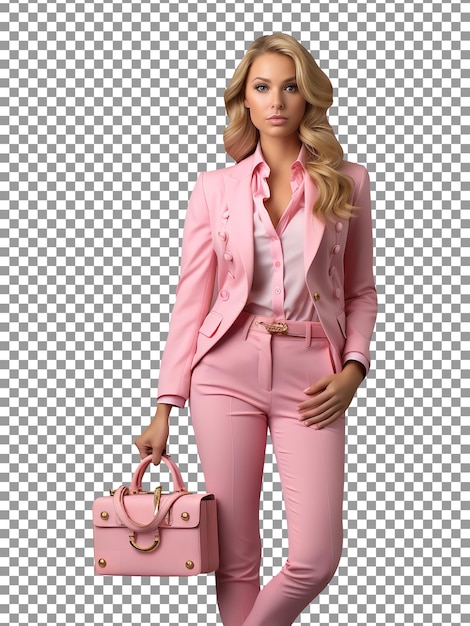 PSD hermosa barbie vistiendo tela rosa y sosteniendo una bolsa aislada sobre fondo transparente
