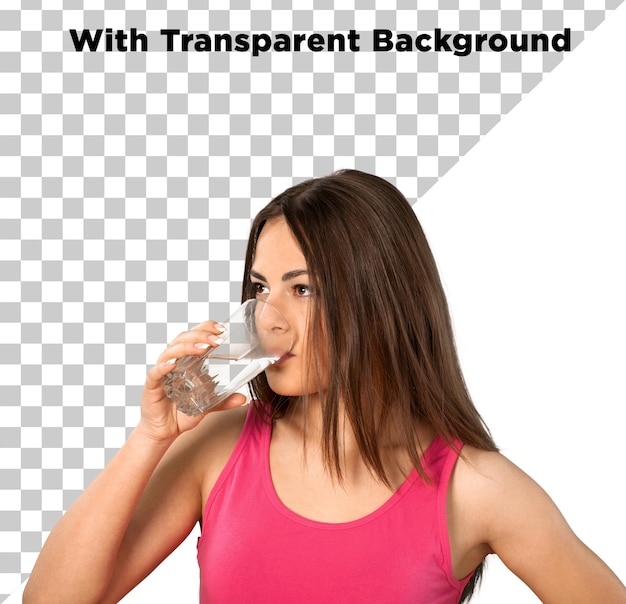 Una hermosa chica bebiendo agua PNG PSD aislada en un fondo transparente