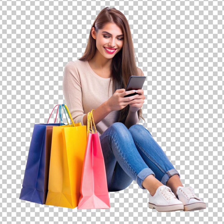 PSD hermosa chica sosteniendo un teléfono inteligente con bolsa de sopping png