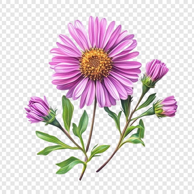 PSD hermosa flor de áster púrpura con brotes ilustración botánica arte floral belleza de la naturaleza