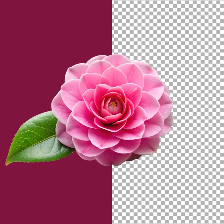 hermosa flor de camelia rosada en plena floración con una hoja verde