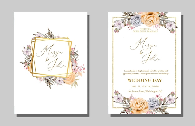 Hermosa granate y melocotón floral y hojas tarjeta de invitación de boda psd