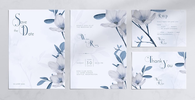 Hermosa invitación de boda con adornos de acuarela de flores azul oscuro