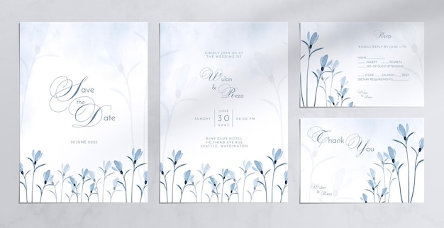 PSD hermosa invitación de boda con adornos de acuarela de flores azules